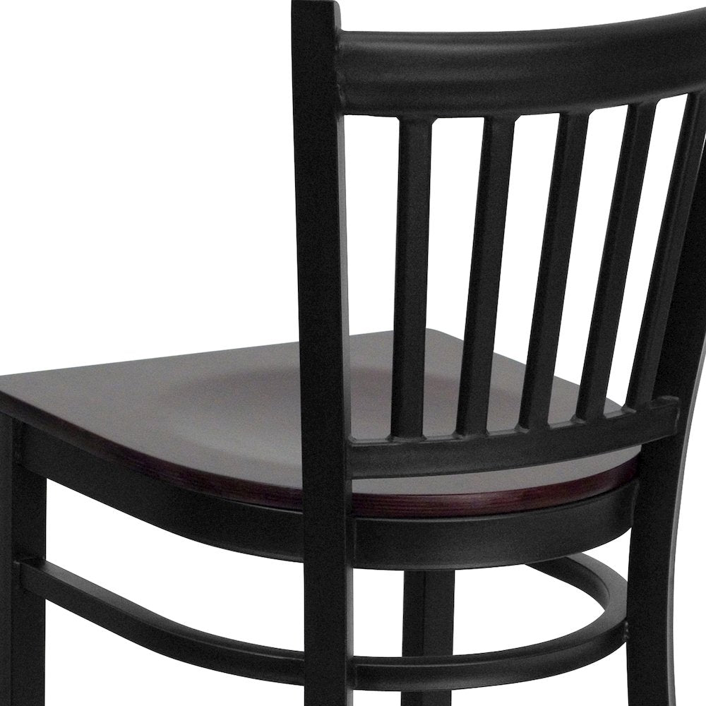 Black Vertical Back Metal Restaurant Barstool - Mahogany Wood Seat