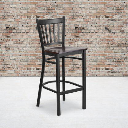 Black Vertical Back Metal Restaurant Barstool - Walnut Wood Seat