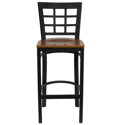 Black Window Back Metal Restaurant Barstool - Cherry Wood Seat