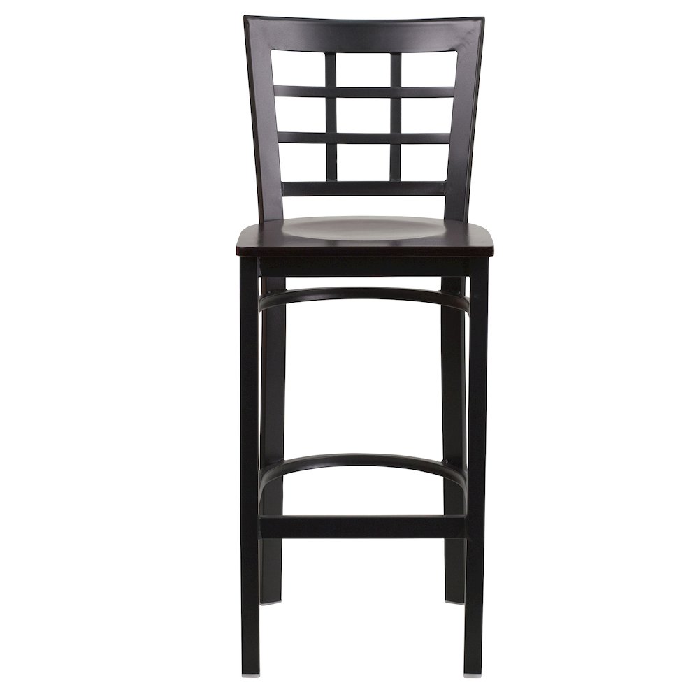 Black Window Back Metal Restaurant Barstool - Walnut Wood Seat