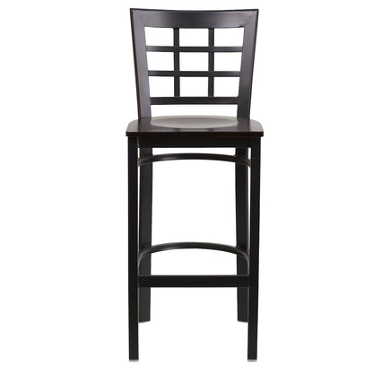 Black Window Back Metal Restaurant Barstool - Walnut Wood Seat