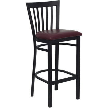 Black School House Back Metal Restaurant Barstool - Burgundy Vinyl Seat