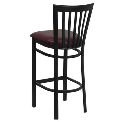 Black School House Back Metal Restaurant Barstool - Burgundy Vinyl Seat