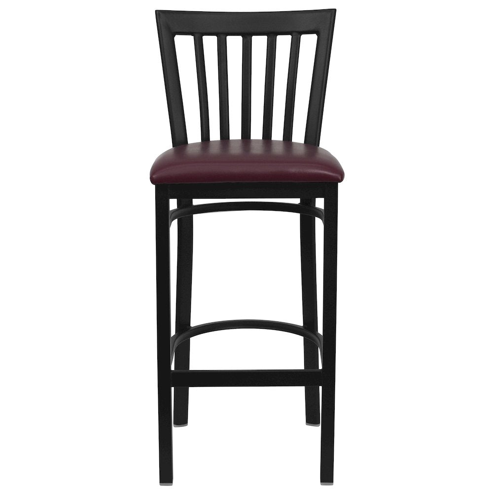 Black School House Back Metal Restaurant Barstool - Burgundy Vinyl Seat