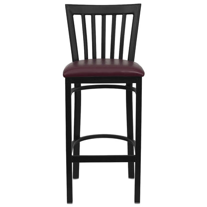 Black School House Back Metal Restaurant Barstool - Burgundy Vinyl Seat