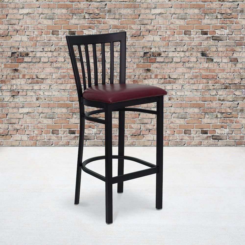 Black School House Back Metal Restaurant Barstool - Burgundy Vinyl Seat