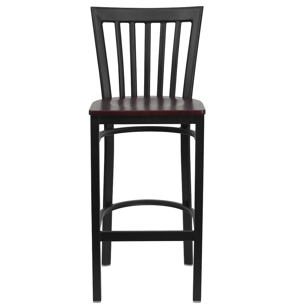 Black School House Back Metal Restaurant Barstool - Mahogany Wood Seat