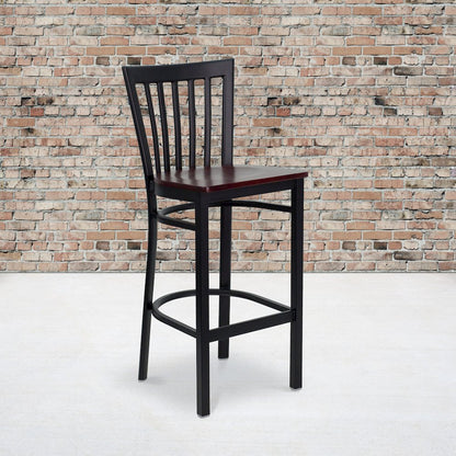 Black School House Back Metal Restaurant Barstool - Mahogany Wood Seat