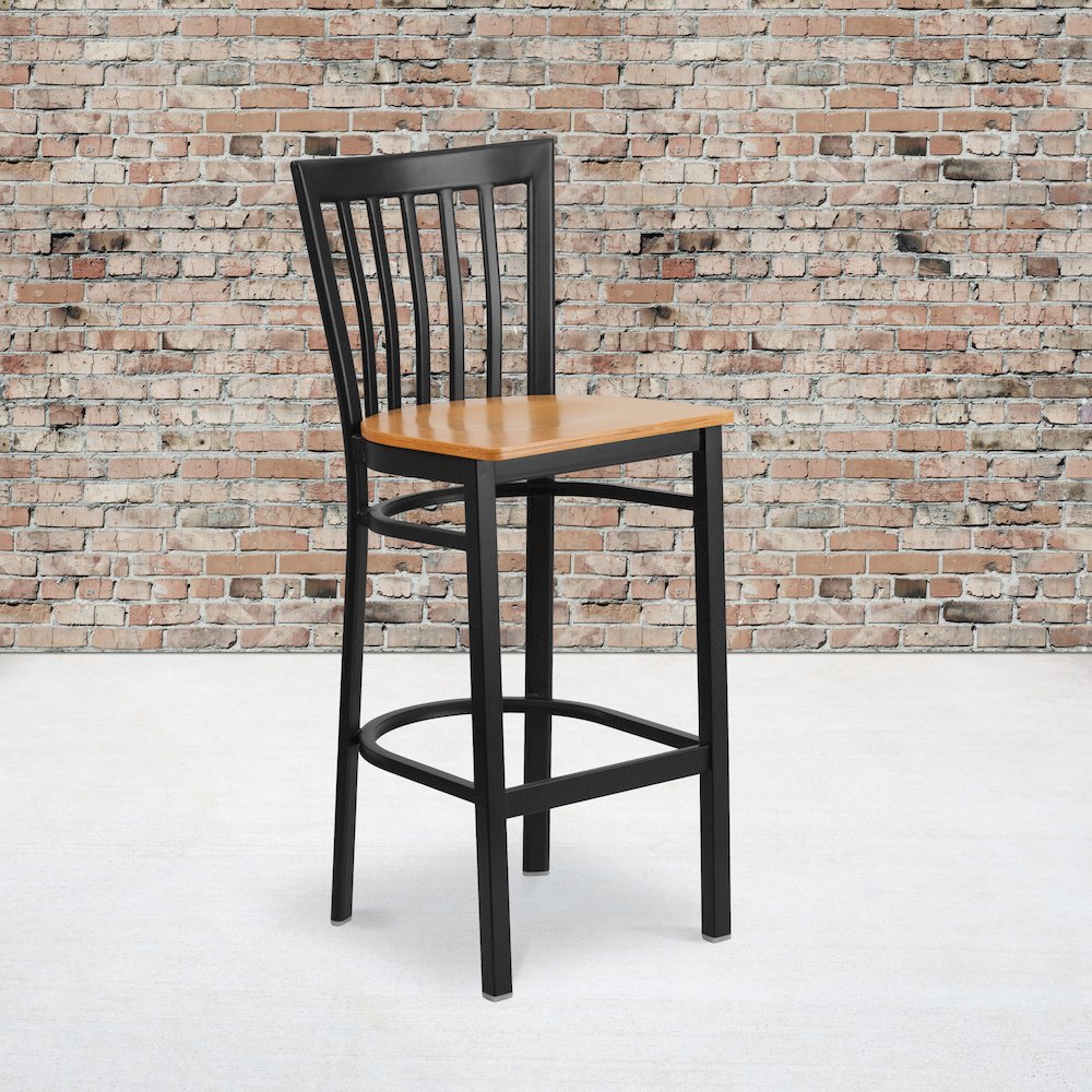 Black School House Back Metal Restaurant Barstool - Natural Wood Seat