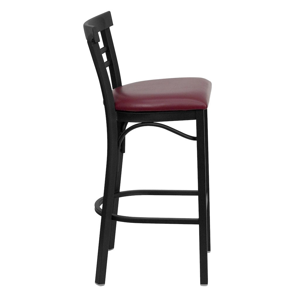 Black Two-Slat Ladder Back Metal Restaurant Barstool - Burgundy Vinyl Seat