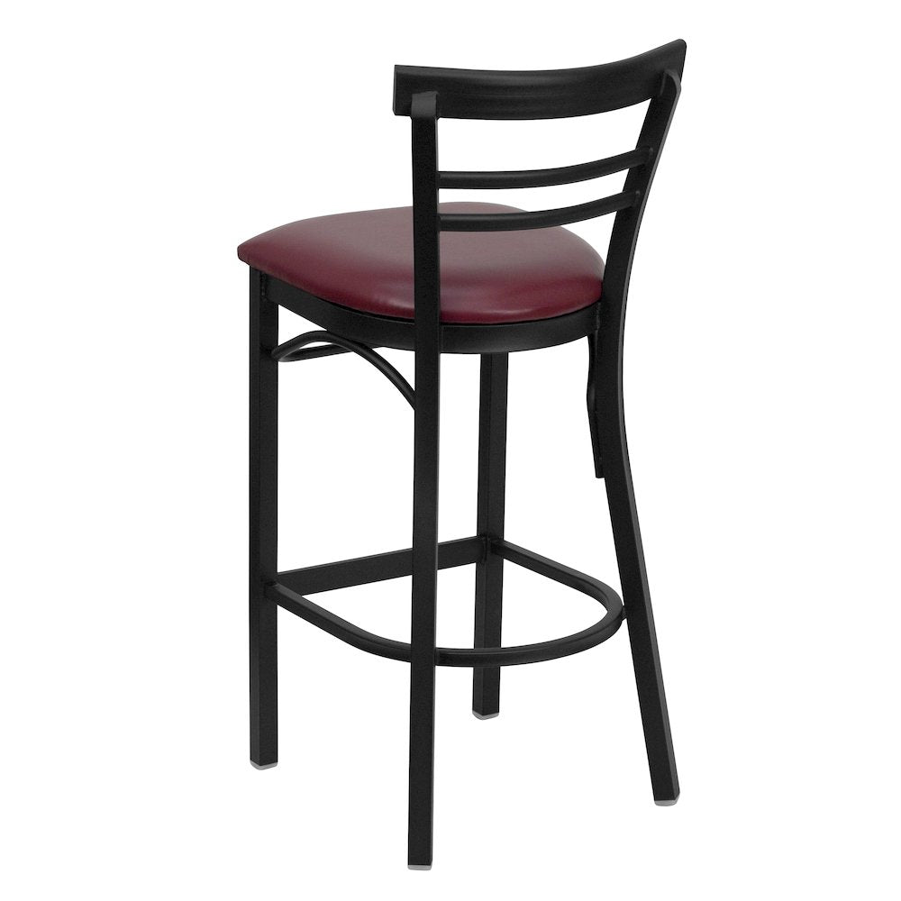 Black Two-Slat Ladder Back Metal Restaurant Barstool - Burgundy Vinyl Seat