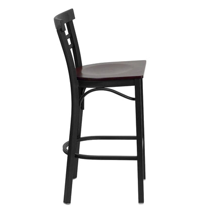 Black Two-Slat Ladder Back Metal Restaurant Barstool - Mahogany Wood Seat