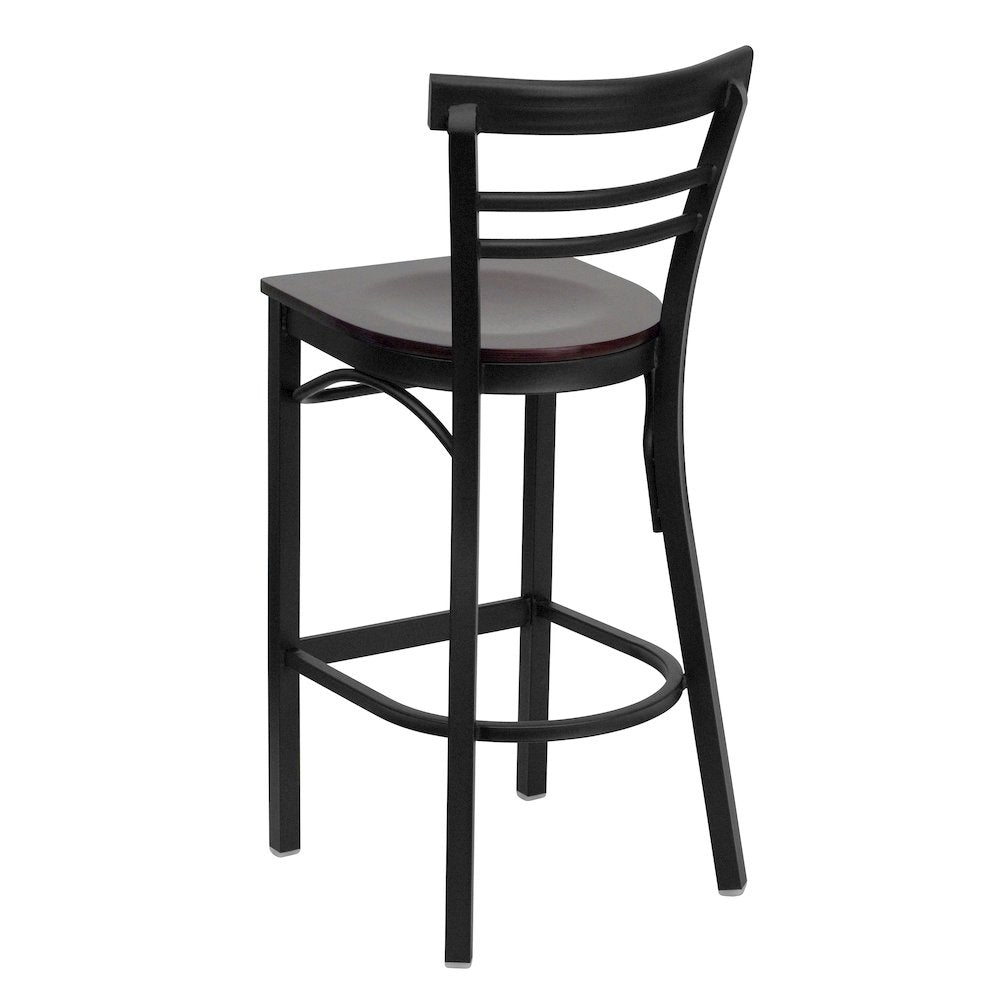 Black Two-Slat Ladder Back Metal Restaurant Barstool - Mahogany Wood Seat