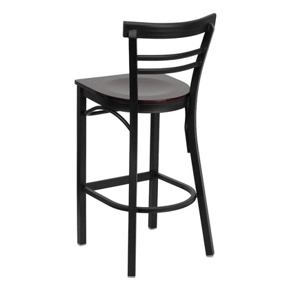 Black Two-Slat Ladder Back Metal Restaurant Barstool - Mahogany Wood Seat