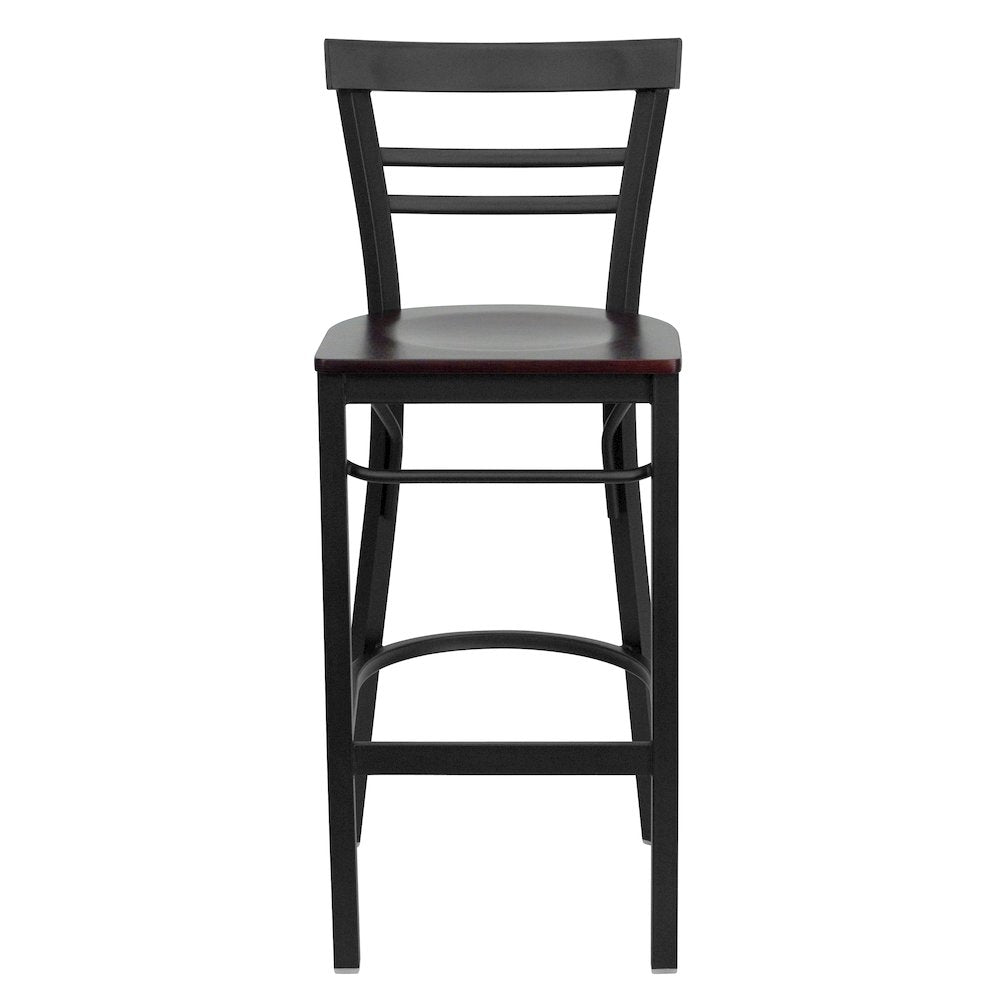 Black Two-Slat Ladder Back Metal Restaurant Barstool - Mahogany Wood Seat