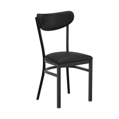Dining Chair, Black Steel Frame, Black Vinyl Boomerang Back and Black Vinyl Seat
