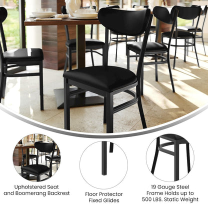 Dining Chair, Black Steel Frame, Black Vinyl Boomerang Back and Black Vinyl Seat