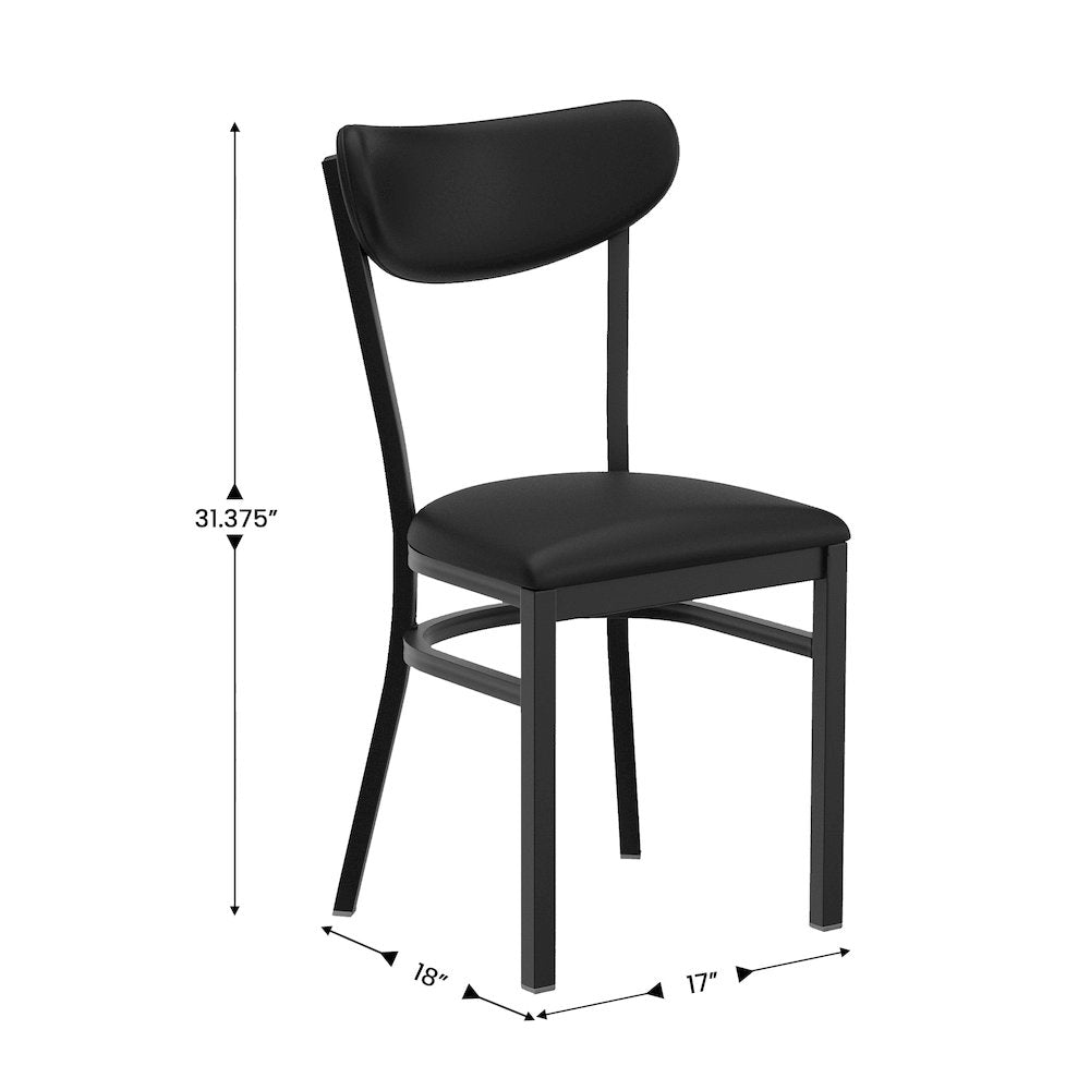 Dining Chair, Black Steel Frame, Black Vinyl Boomerang Back and Black Vinyl Seat