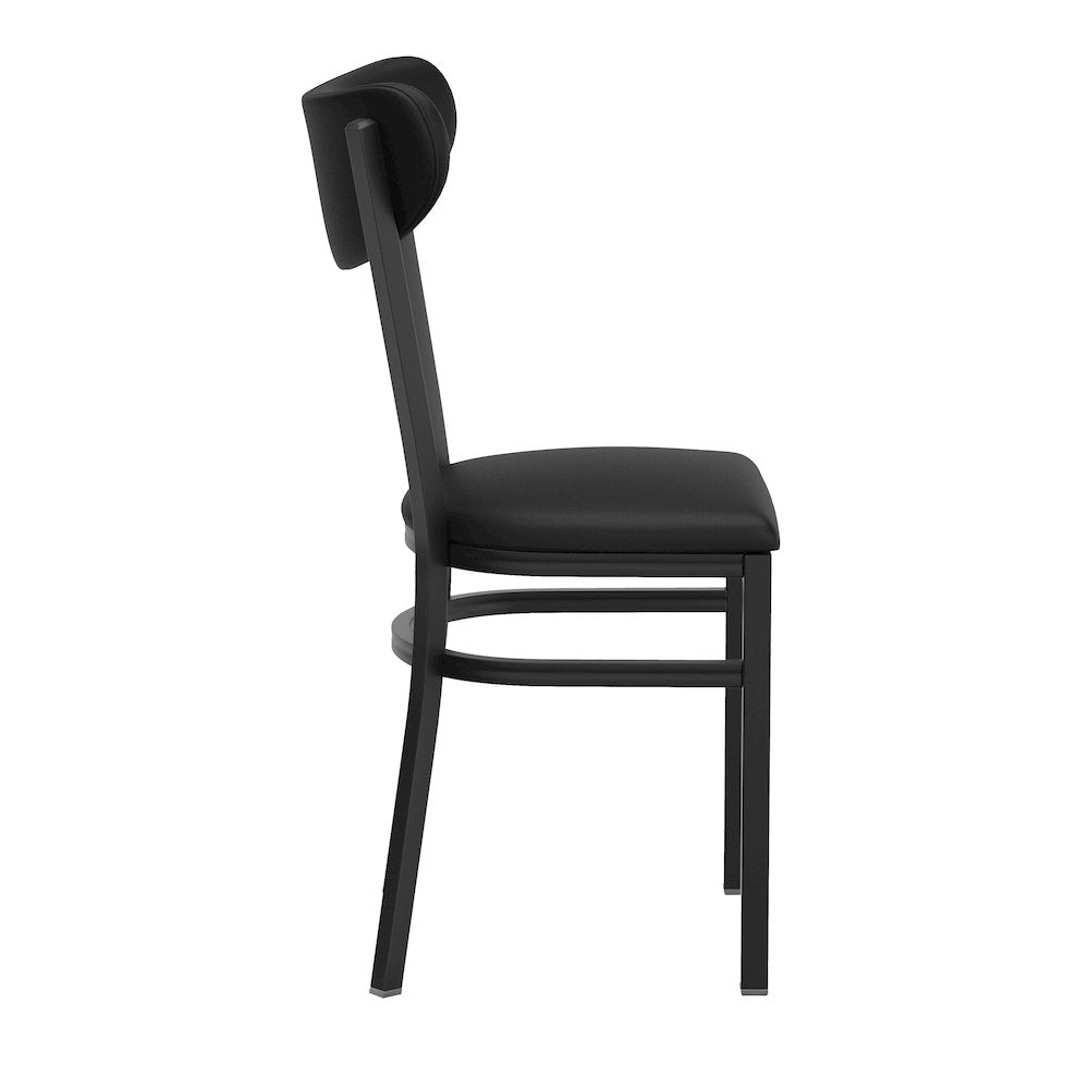 Dining Chair, Black Steel Frame, Black Vinyl Boomerang Back and Black Vinyl Seat
