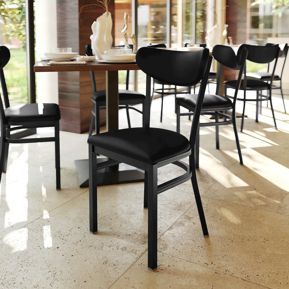 Dining Chair, Black Steel Frame, Black Vinyl Boomerang Back and Black Vinyl Seat
