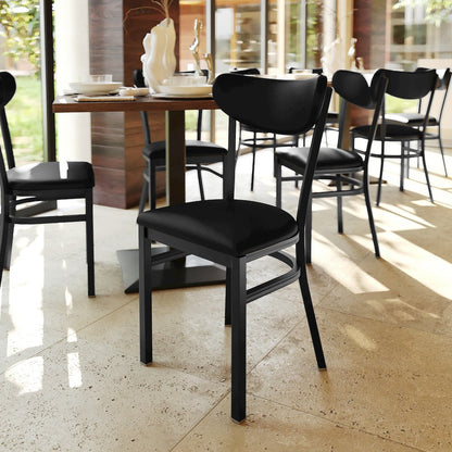 Dining Chair, Black Steel Frame, Black Vinyl Boomerang Back and Black Vinyl Seat