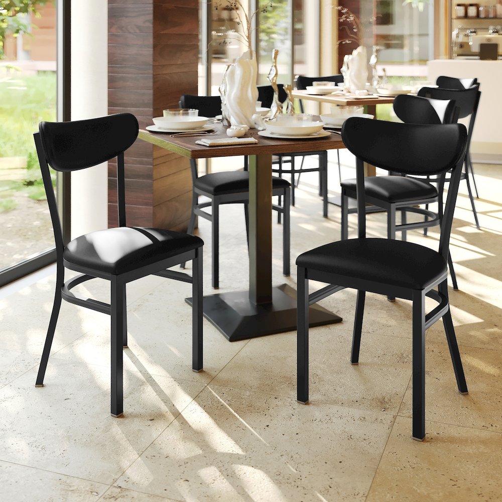 Dining Chair, Black Steel Frame, Black Vinyl Boomerang Back and Black Vinyl Seat