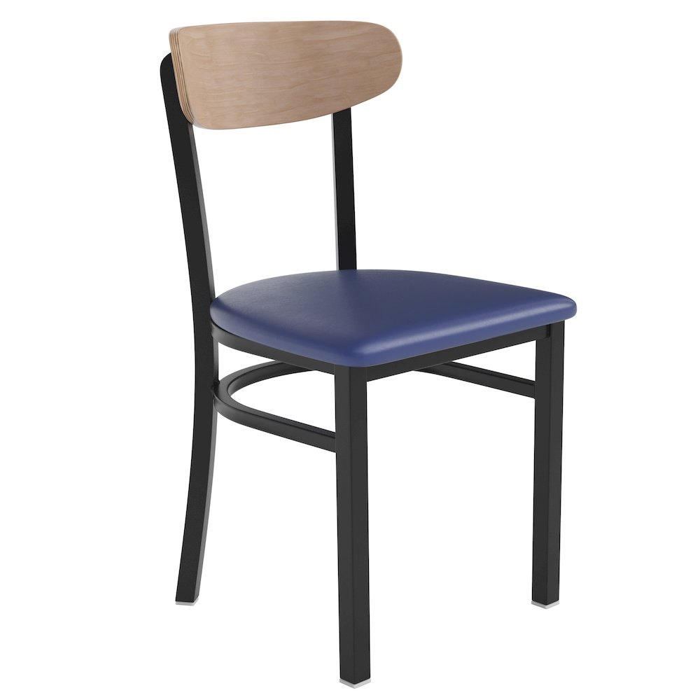 Dining Chair, Natural Birch Finish Wooden Boomerang Back, and Blue Vinyl Seat