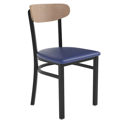 Dining Chair, Natural Birch Finish Wooden Boomerang Back, and Blue Vinyl Seat