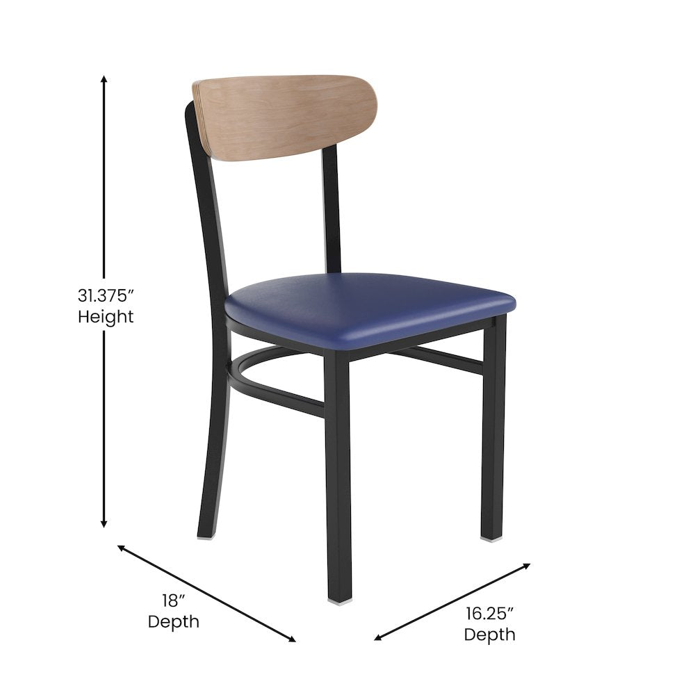 Dining Chair, Natural Birch Finish Wooden Boomerang Back, and Blue Vinyl Seat
