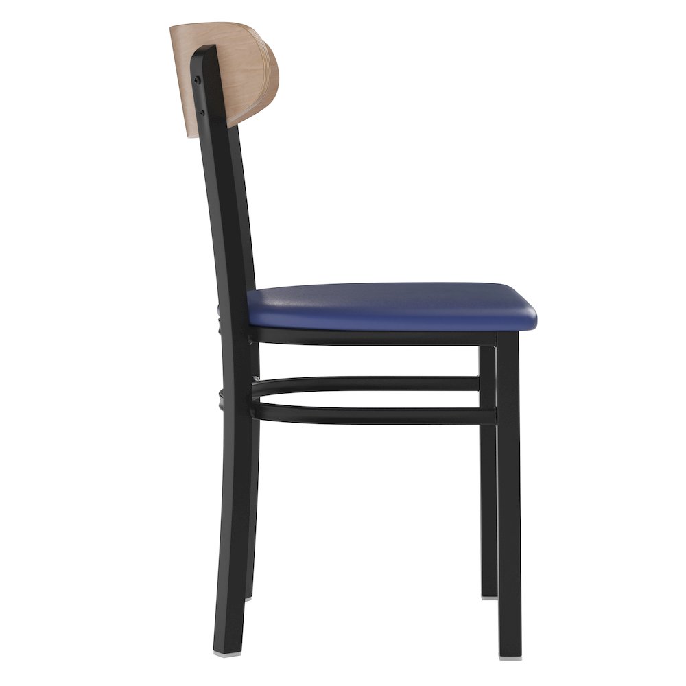 Dining Chair, Natural Birch Finish Wooden Boomerang Back, and Blue Vinyl Seat