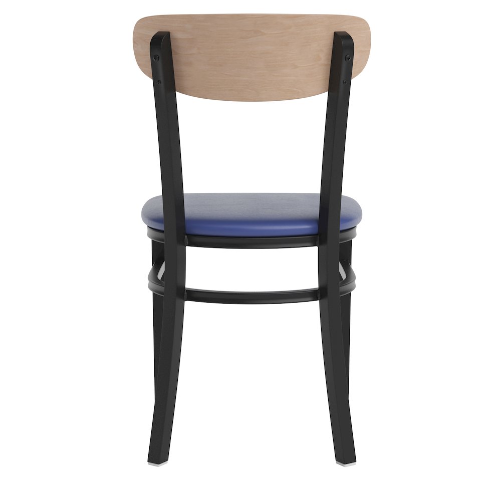 Dining Chair, Natural Birch Finish Wooden Boomerang Back, and Blue Vinyl Seat