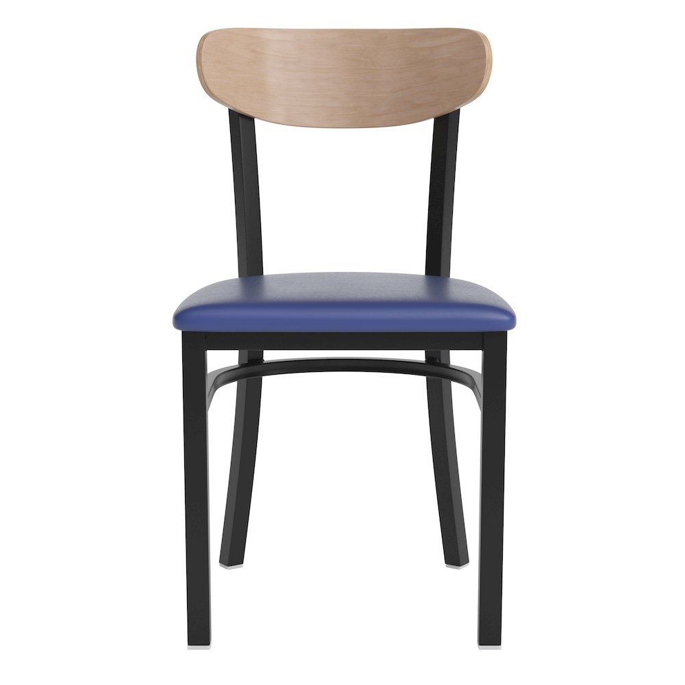 Dining Chair, Natural Birch Finish Wooden Boomerang Back, and Blue Vinyl Seat