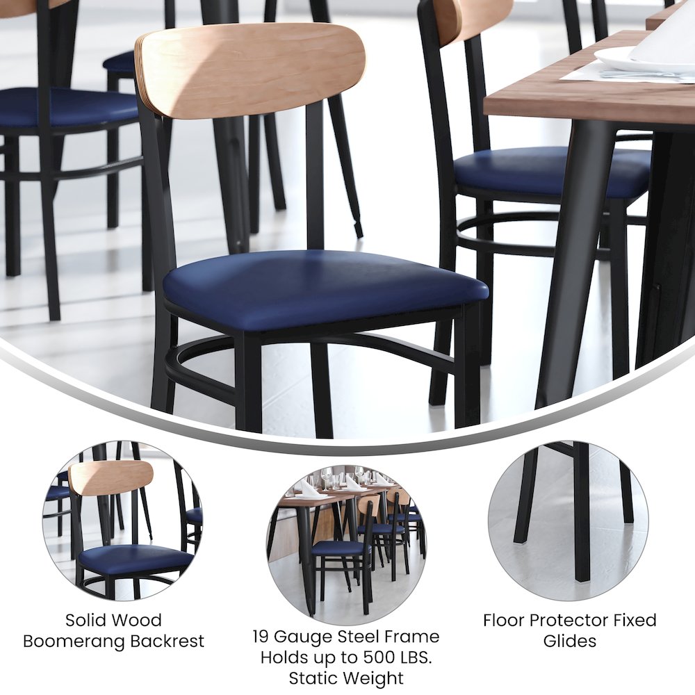 Dining Chair, Natural Birch Finish Wooden Boomerang Back, and Blue Vinyl Seat
