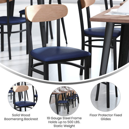 Dining Chair, Natural Birch Finish Wooden Boomerang Back, and Blue Vinyl Seat