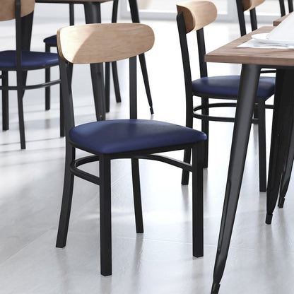 Dining Chair, Natural Birch Finish Wooden Boomerang Back, and Blue Vinyl Seat