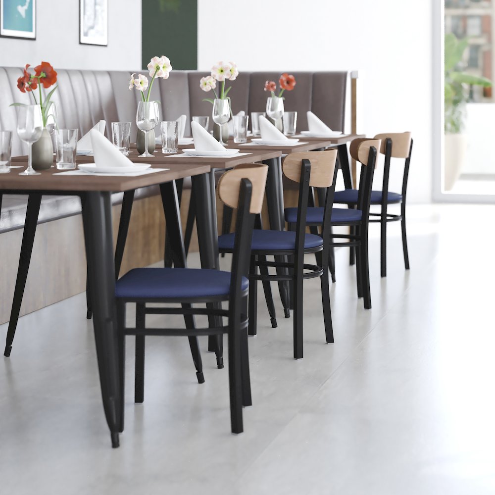 Dining Chair, Natural Birch Finish Wooden Boomerang Back, and Blue Vinyl Seat