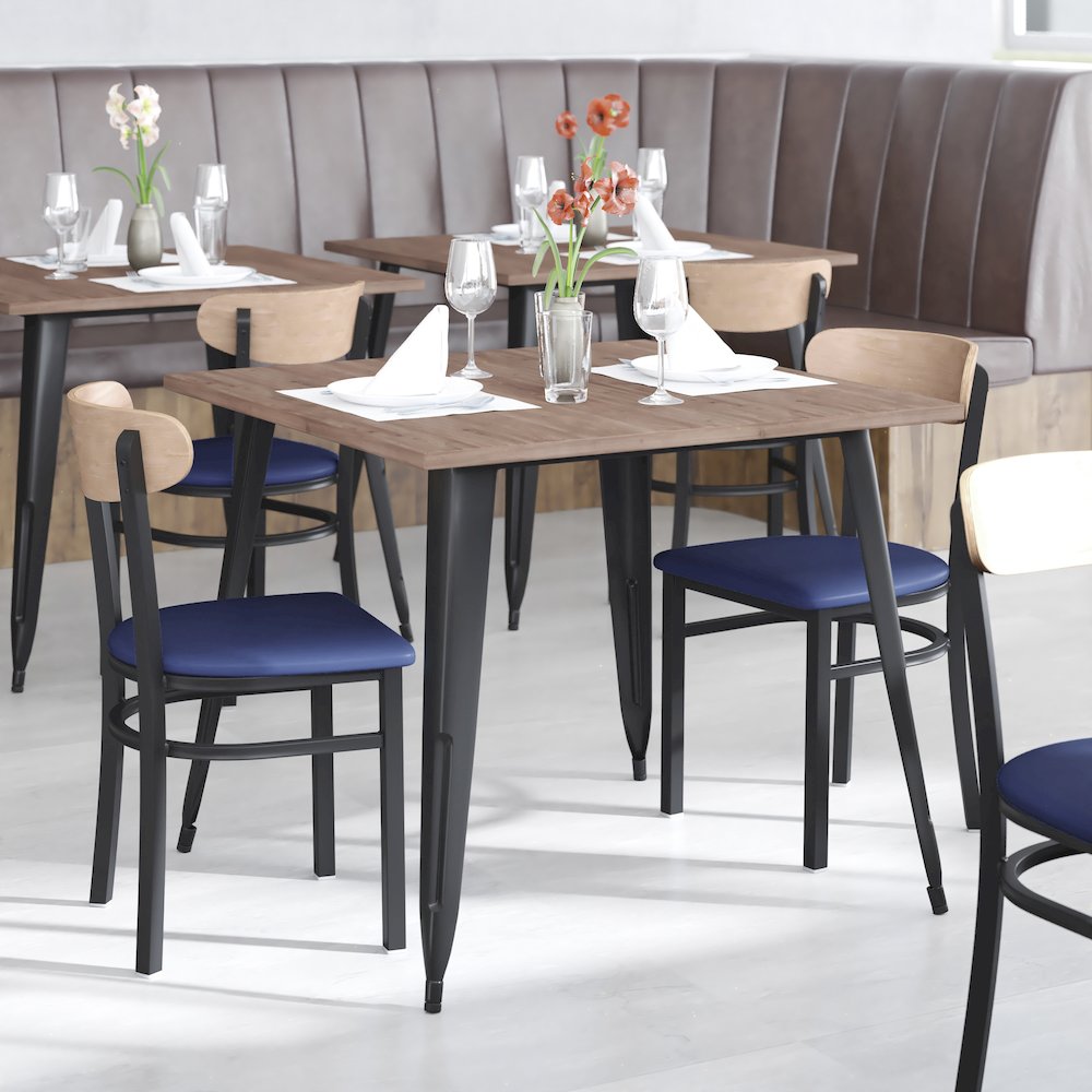 Dining Chair, Natural Birch Finish Wooden Boomerang Back, and Blue Vinyl Seat