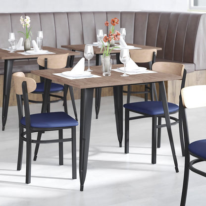 Dining Chair, Natural Birch Finish Wooden Boomerang Back, and Blue Vinyl Seat