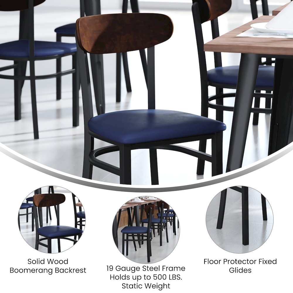 Dining Chair, Wooden Boomerang Back, and Blue Vinyl Seat