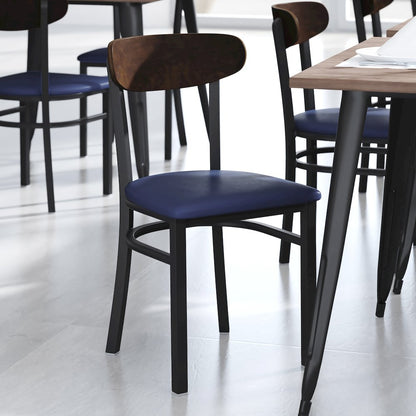 Dining Chair, Wooden Boomerang Back, and Blue Vinyl Seat