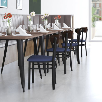Dining Chair, Wooden Boomerang Back, and Blue Vinyl Seat