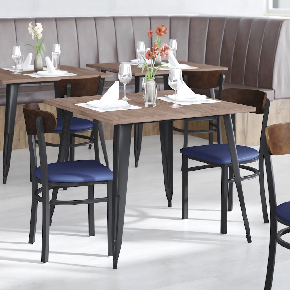 Dining Chair, Wooden Boomerang Back, and Blue Vinyl Seat