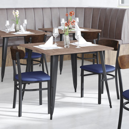 Dining Chair, Wooden Boomerang Back, and Blue Vinyl Seat