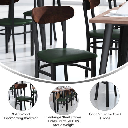 Dining Chair, Wooden Boomerang Back, and Green Vinyl Seat