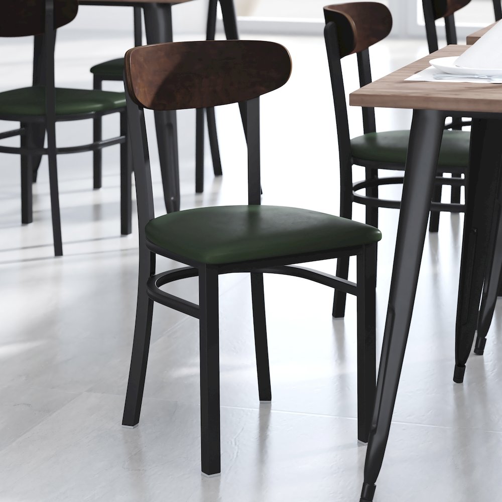 Dining Chair, Wooden Boomerang Back, and Green Vinyl Seat
