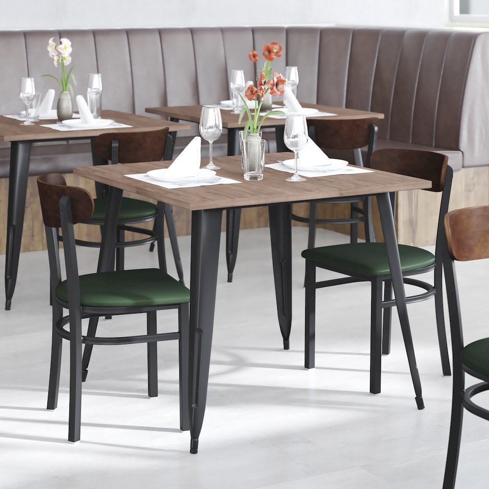 Dining Chair, Wooden Boomerang Back, and Green Vinyl Seat