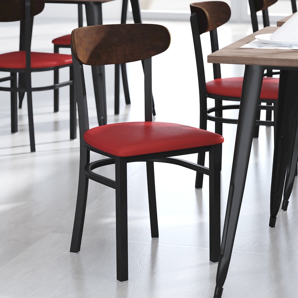 Dining Chair, Wooden Boomerang Back, and Red Vinyl Seat