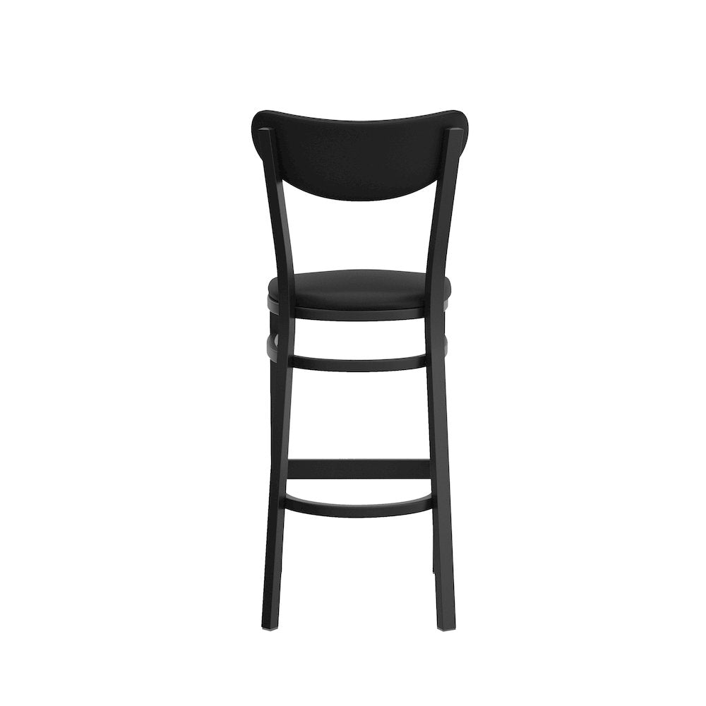 Barstool, Black Steel Frame, Black Vinyl Boomerang Back, and Black Vinyl Seat