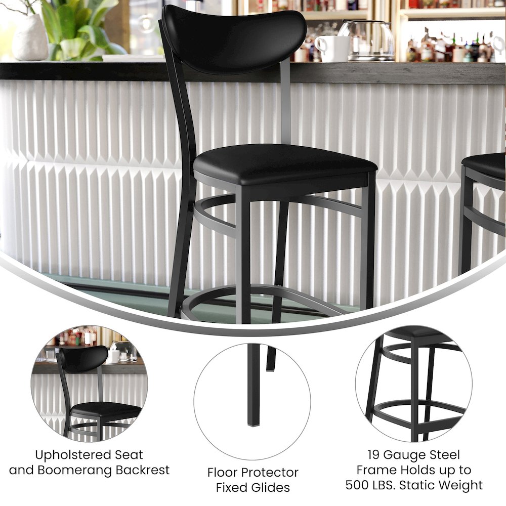 Barstool, Black Steel Frame, Black Vinyl Boomerang Back, and Black Vinyl Seat