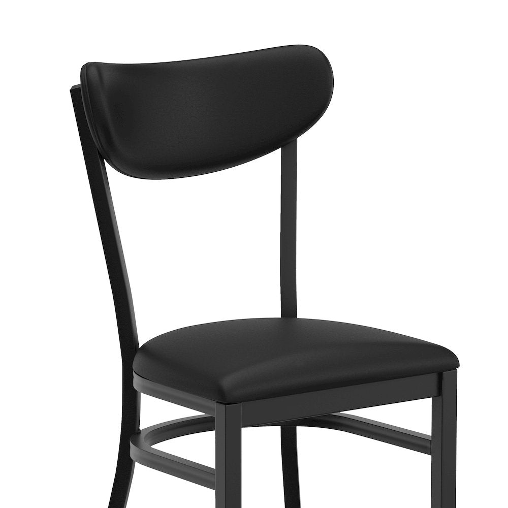 Barstool, Black Steel Frame, Black Vinyl Boomerang Back, and Black Vinyl Seat